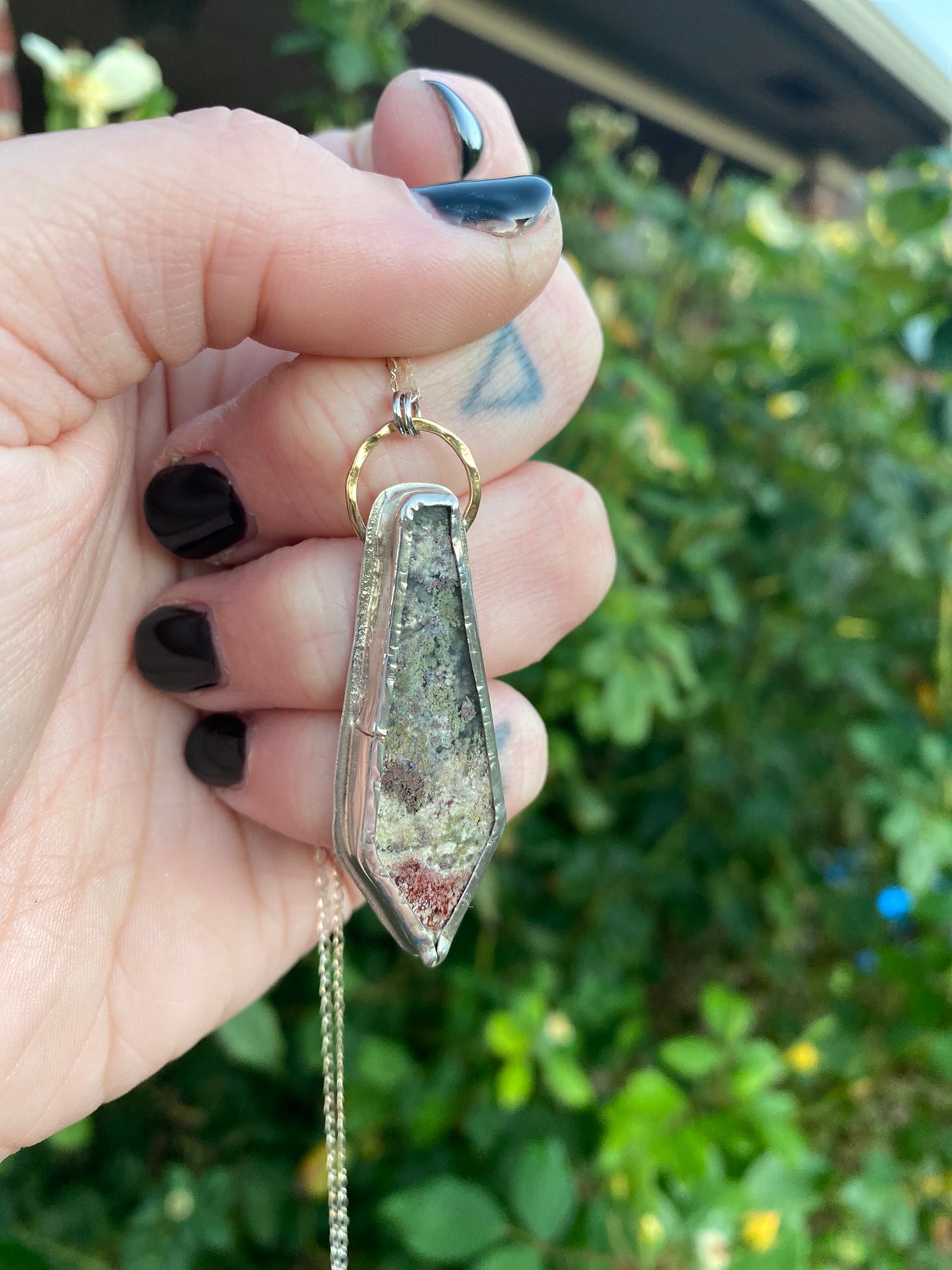 Moss Agate + Sterling Silver Coffin Pendant
