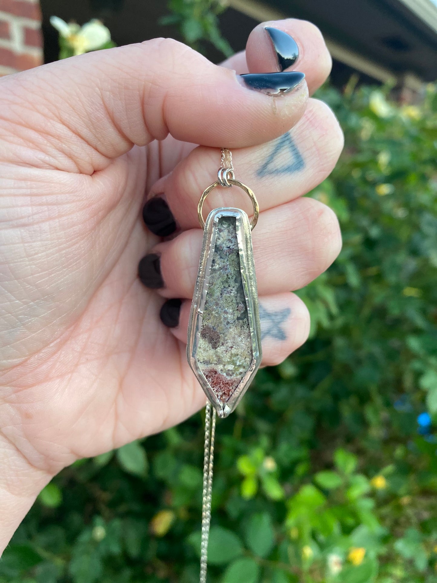 Moss Agate + Sterling Silver Coffin Pendant
