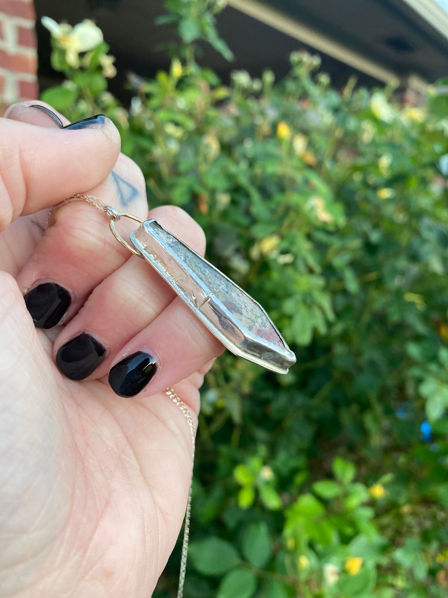 Moss Agate + Sterling Silver Coffin Pendant