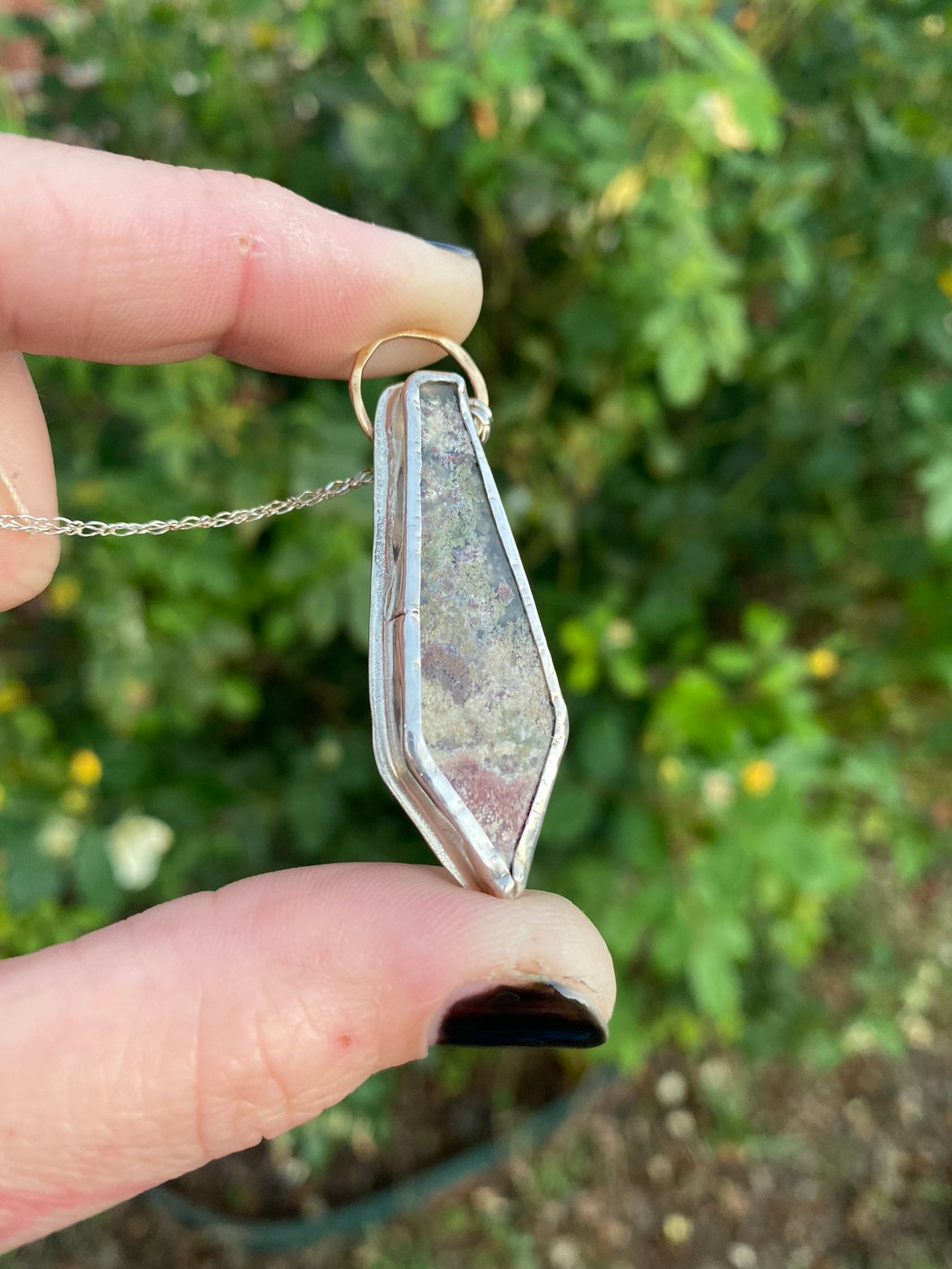 Moss Agate + Sterling Silver Coffin Pendant