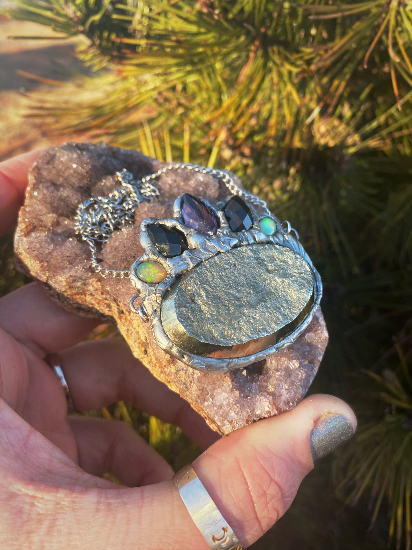 Abundance Only Pendant ft. Pyrite, Opal, Amethyst, + Onyx