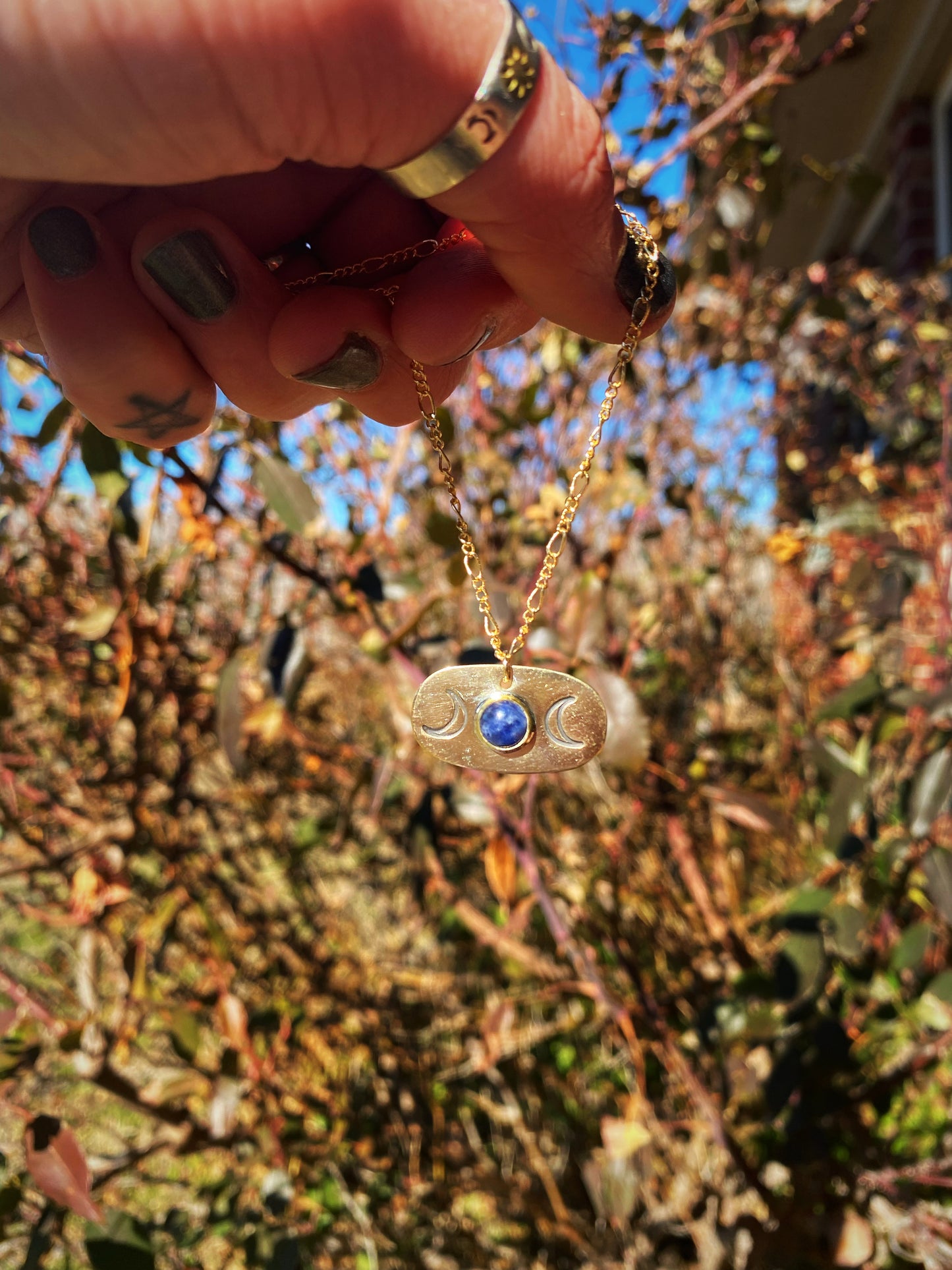 Triple Moon Sodalite + Brass Pendant