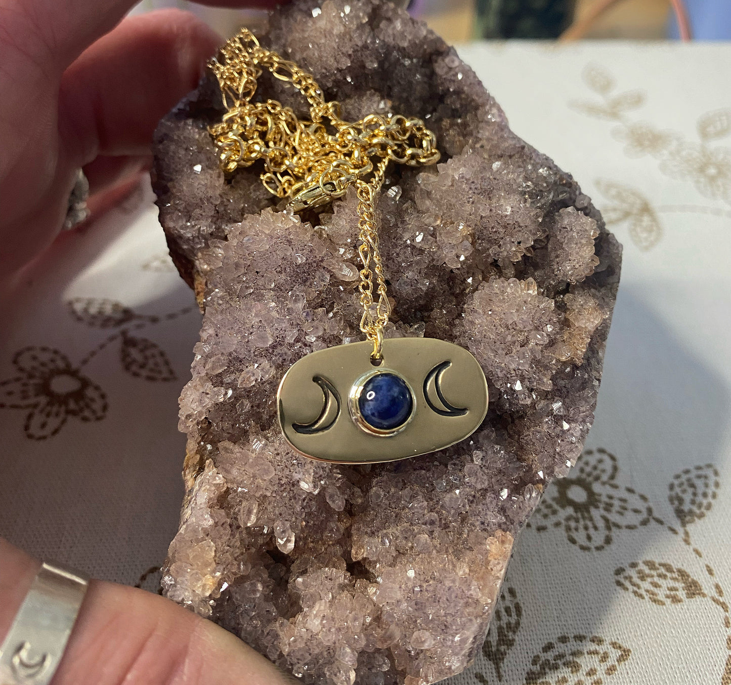 Triple Moon Sodalite + Brass Pendant