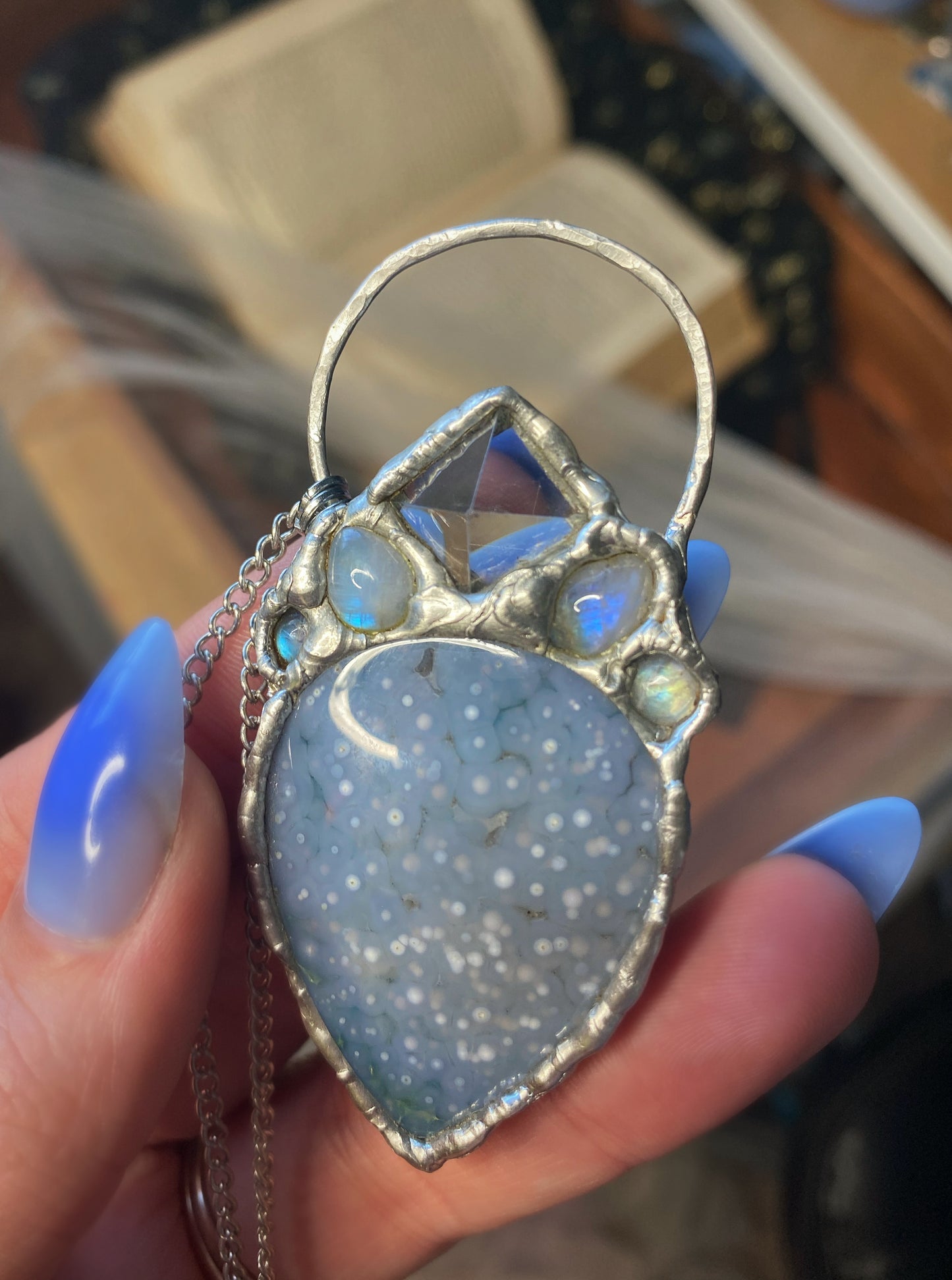 Ice Queen Grape Agate, Quartz, and Moonstone Pendant