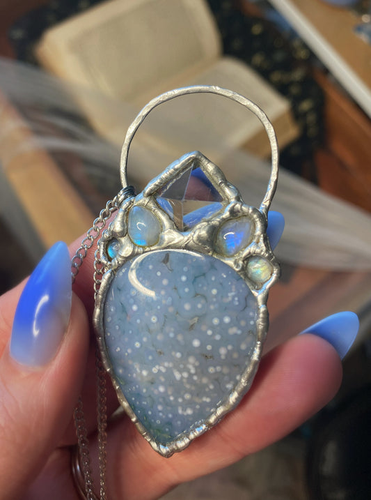 Ice Queen Grape Agate, Quartz, and Moonstone Pendant