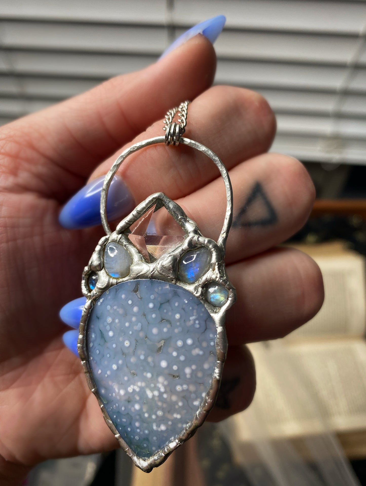 Ice Queen Grape Agate, Quartz, and Moonstone Pendant