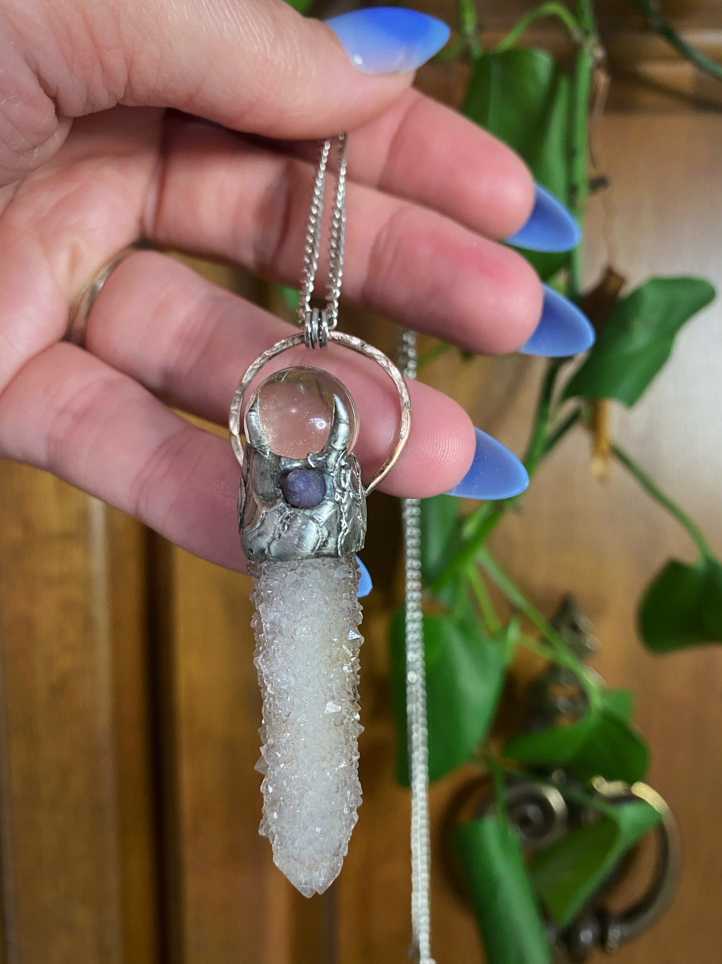 Sorceress Quartz Sphere, Grape Agate, and Spirit Quartz Pendant