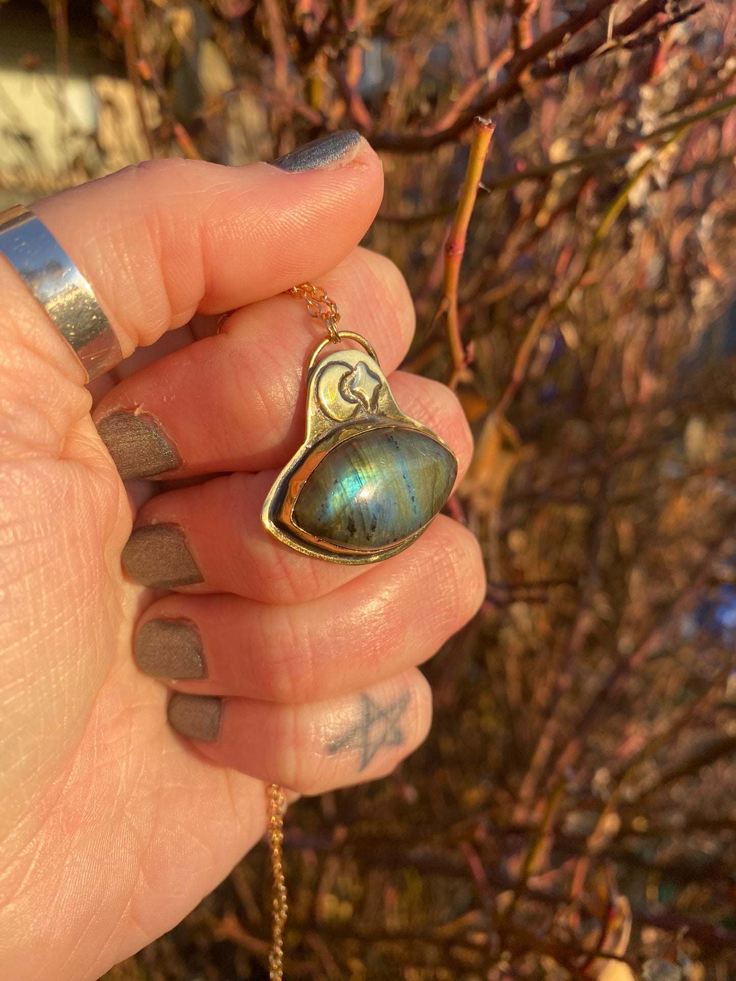 Moon + Star Labradorite Whimsigoth Brass Pendant