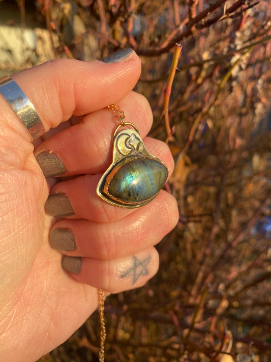 Moon + Star Labradorite Whimsigoth Brass Pendant