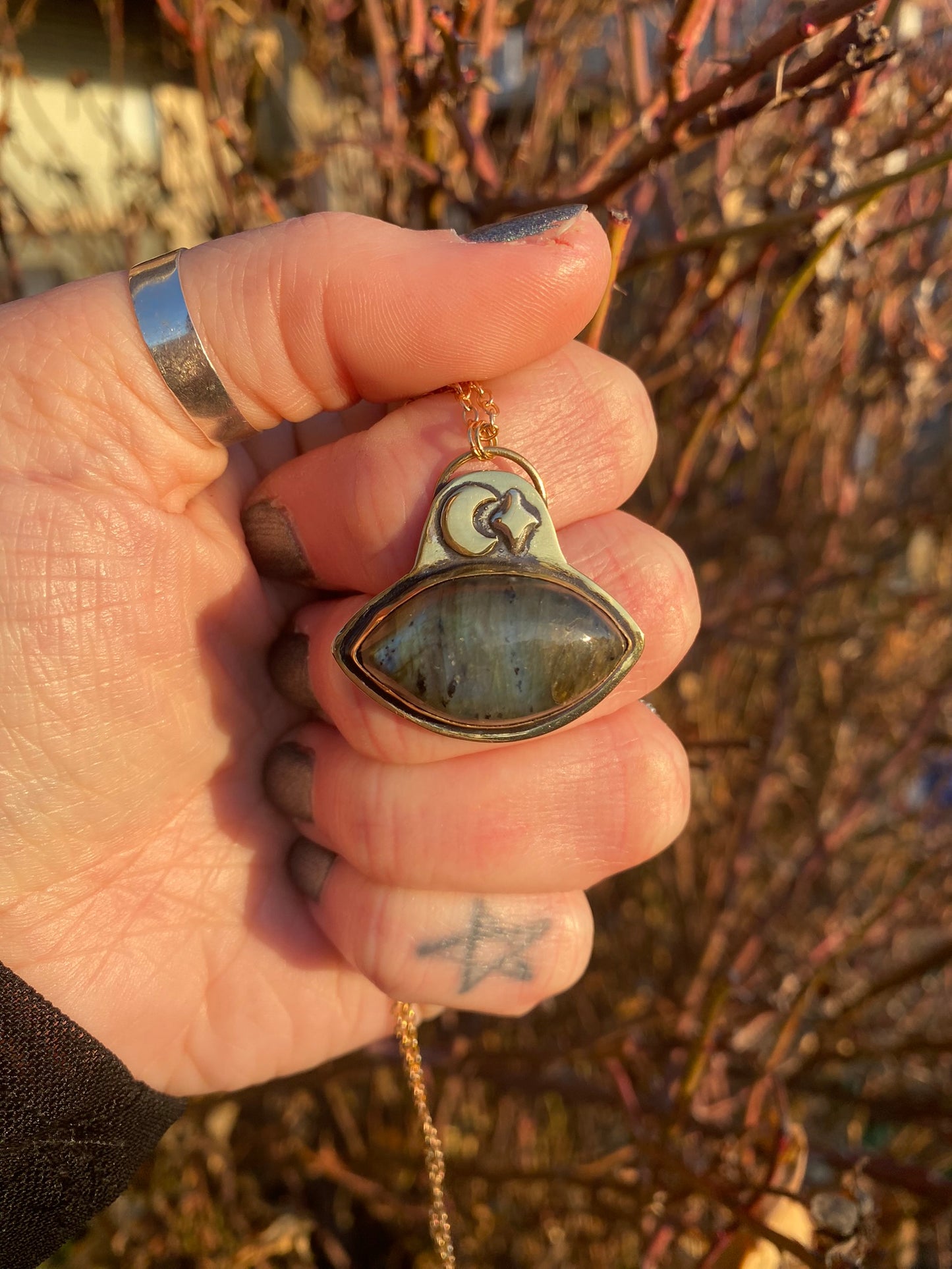 Moon + Star Labradorite Whimsigoth Brass Pendant