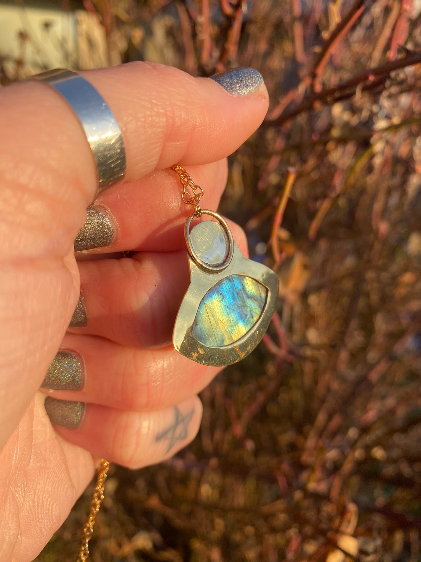 Moon + Star Labradorite Whimsigoth Brass Pendant