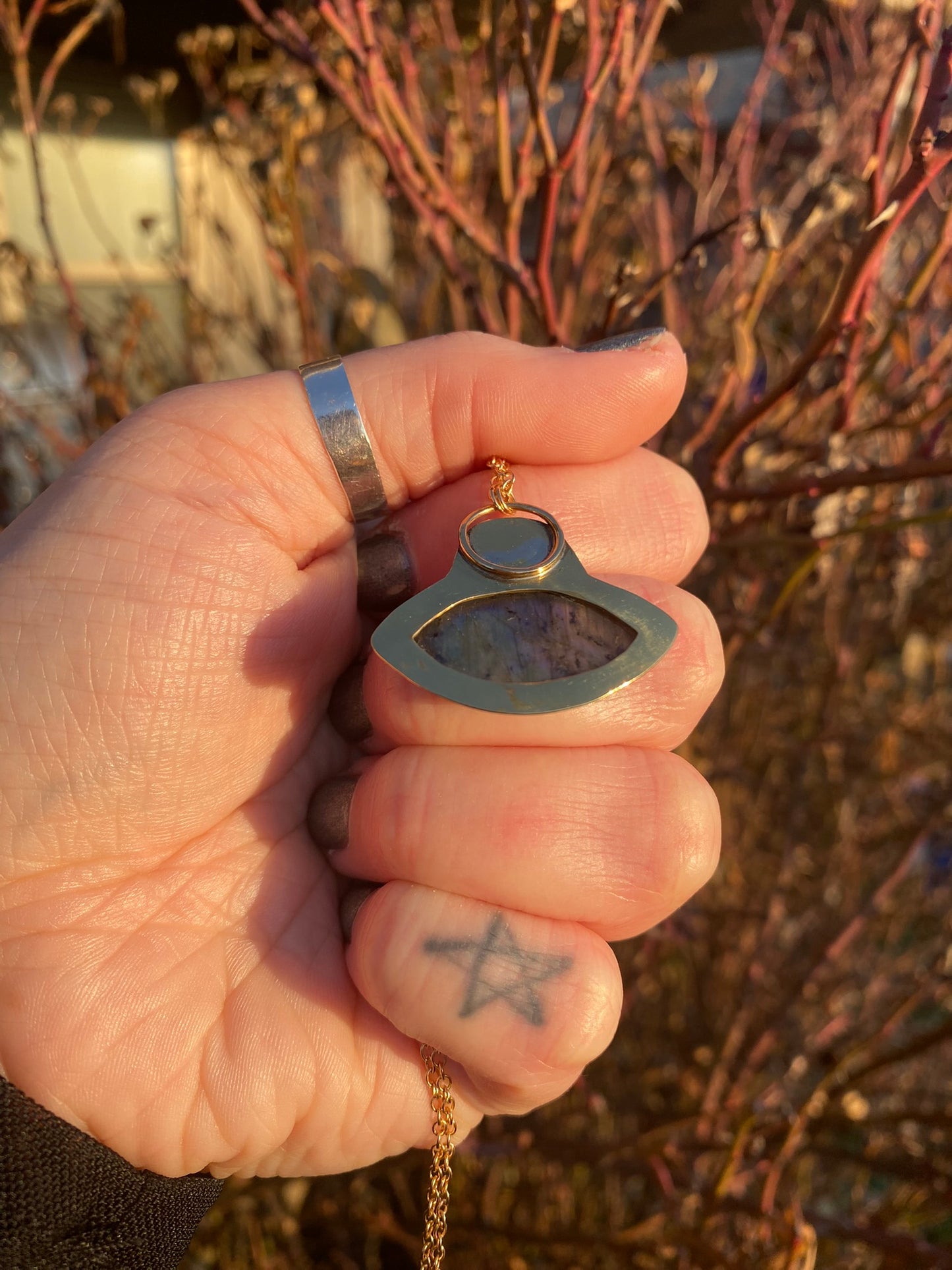 Moon + Star Labradorite Whimsigoth Brass Pendant