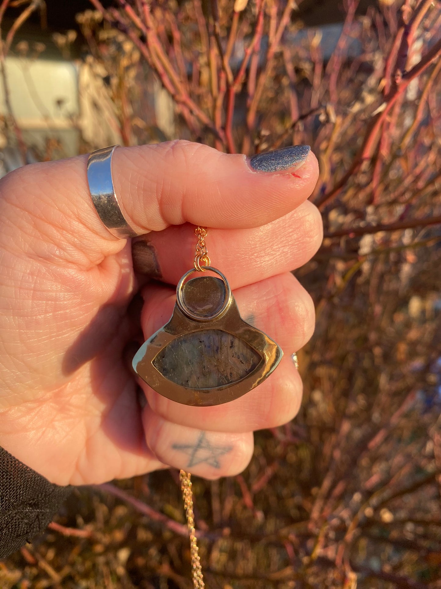 Moon + Star Labradorite Whimsigoth Brass Pendant