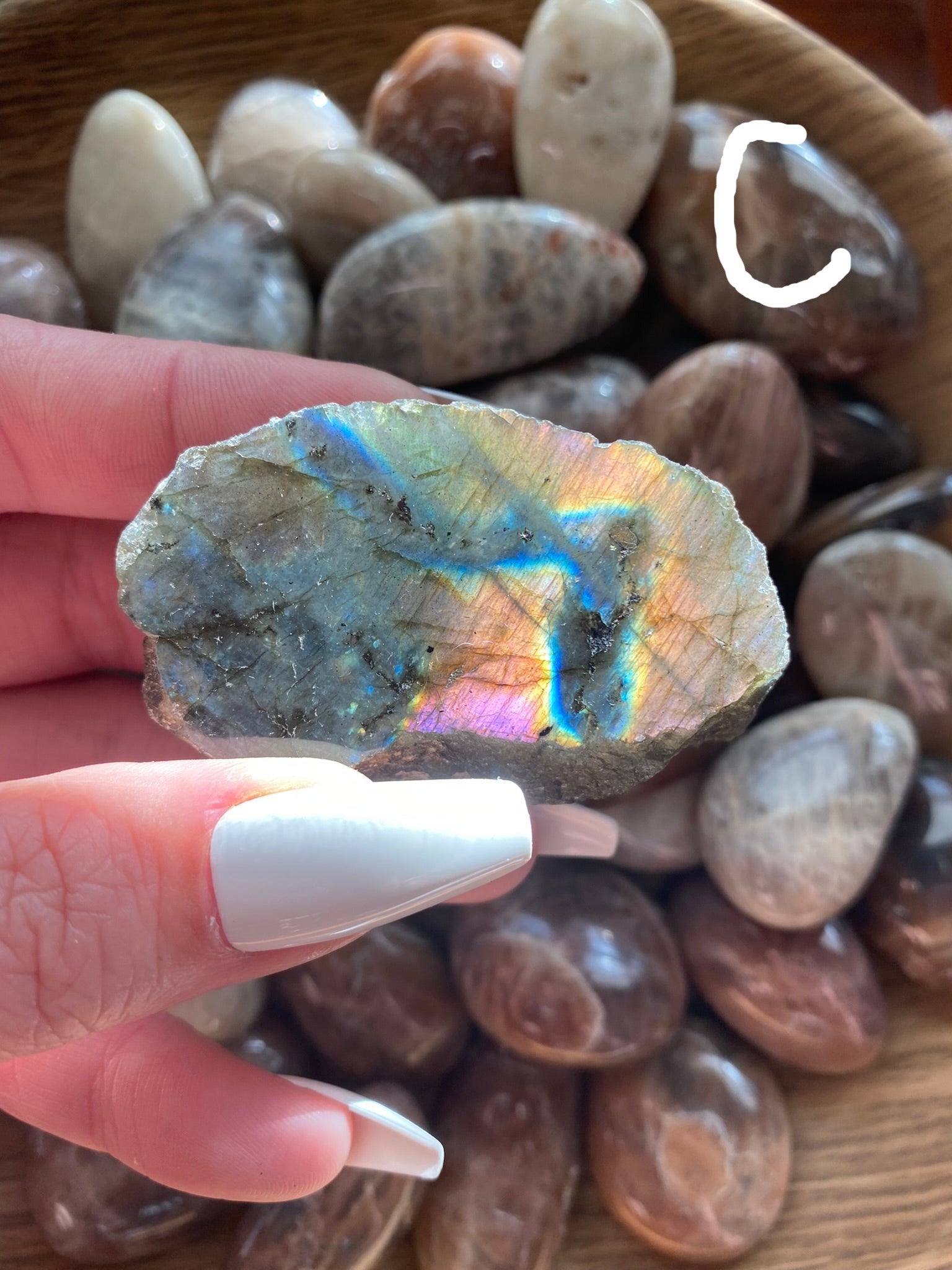 labradorite with pink, orange, and blue flash